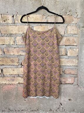 VTG 90s Q&A Collection Mesh Paisley Cami Dress Lettuce Trim Brown Purple XXL